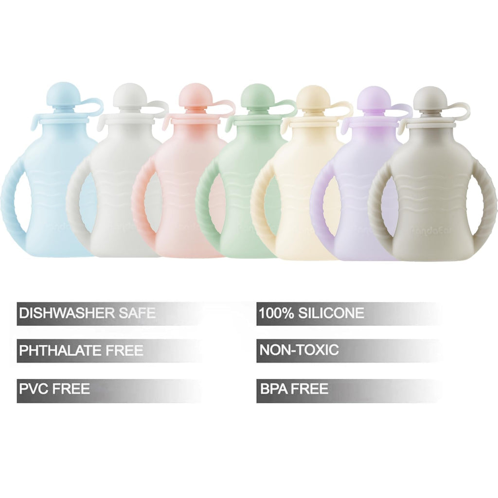 PandaEar 7-Pack Reusable Silicone Baby Food Pouches with Handles, 4oz Refillable Portable Pouches for Toddlers & Infants, BPA-Free Self-Feeding Yogurt & Smoothie Bags, Includes 2 Funnels