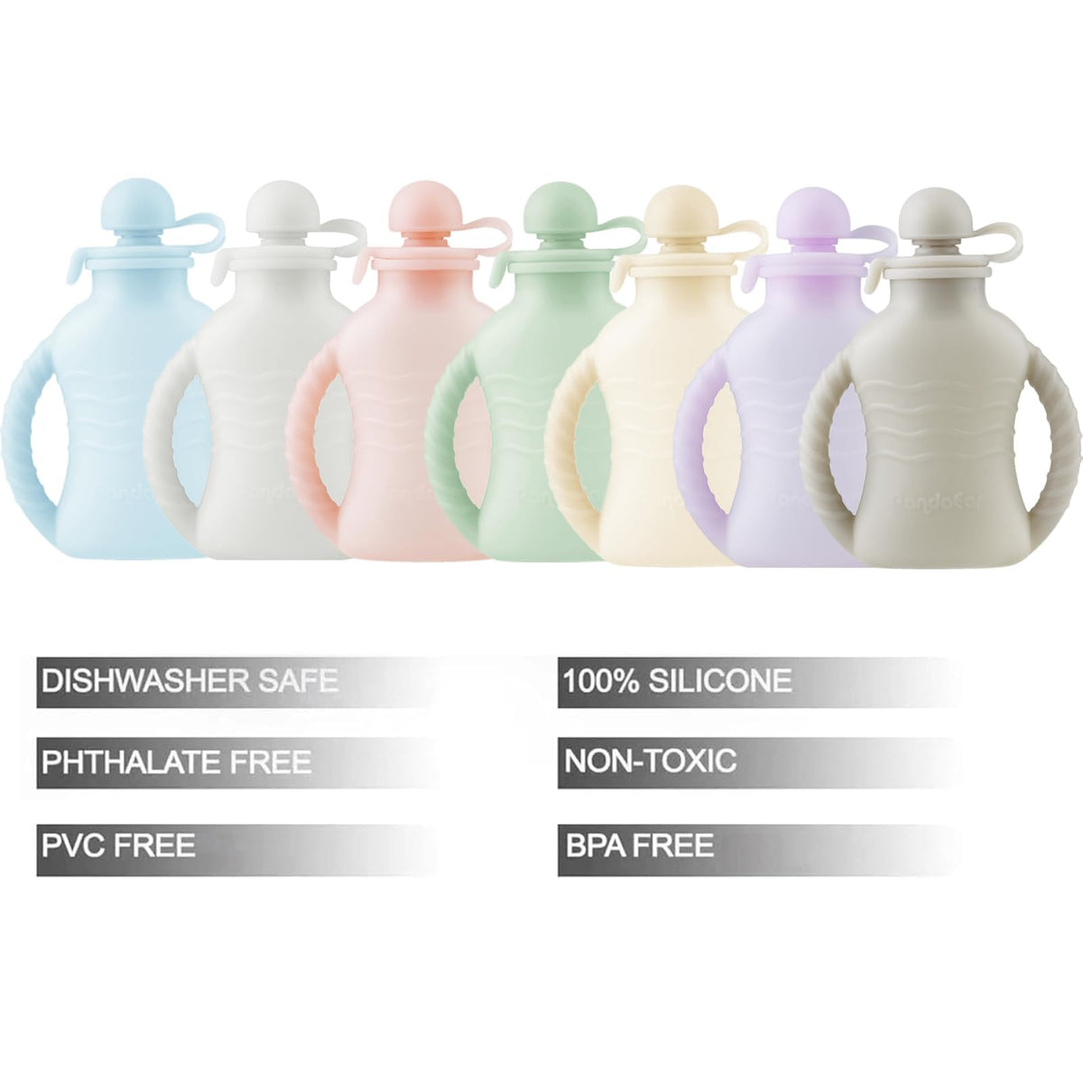 PandaEar 7-Pack Reusable Silicone Baby Food Pouches with Handles, 4oz Refillable Portable Pouches for Toddlers & Infants, BPA-Free Self-Feeding Yogurt & Smoothie Bags, Includes 2 Funnels