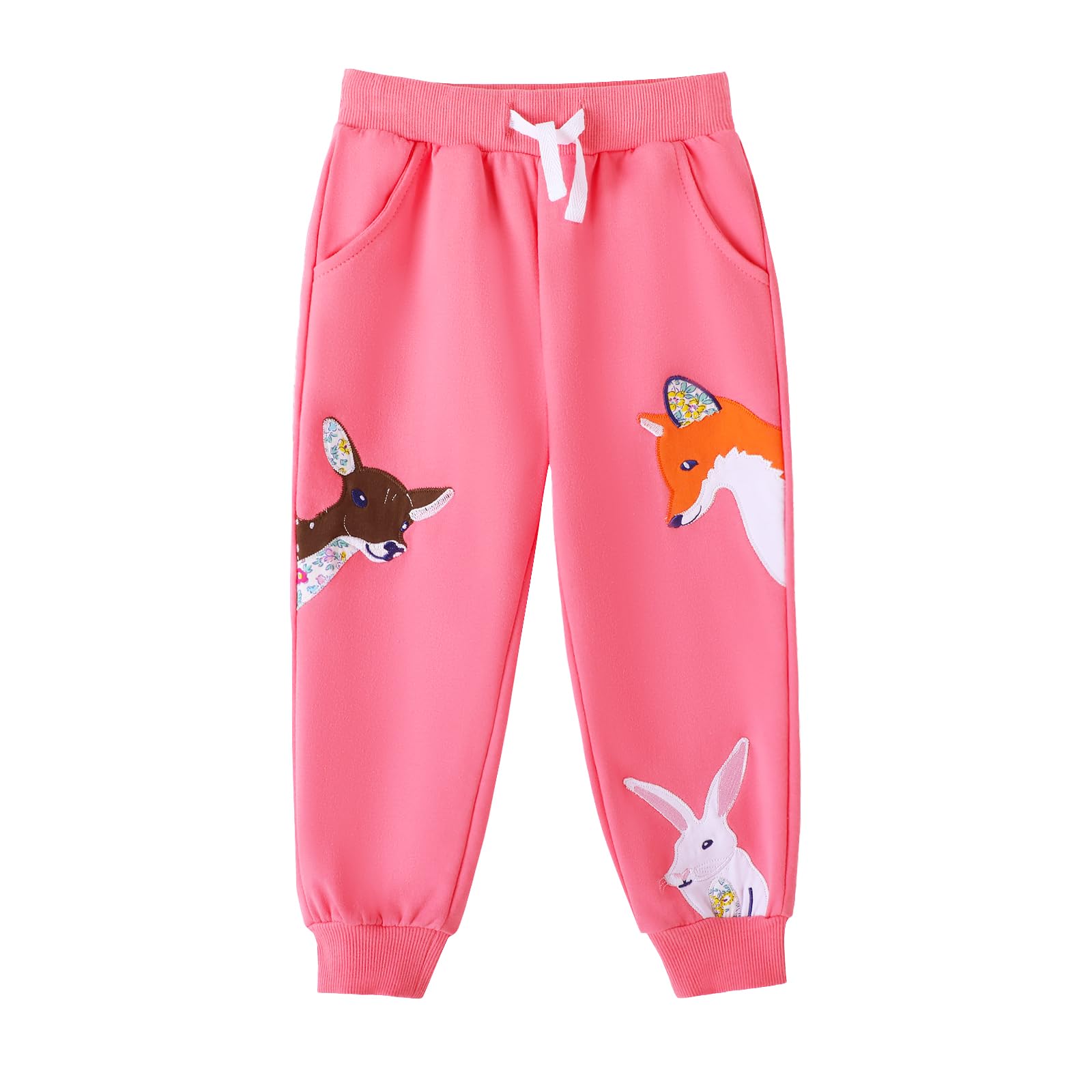 HILEELANG Baby Girls Cotton Joggers Sweatpants Animal Embroidery Drawstring Waist and Pockets-Pink Purple Casual Athletic Pants for Kids 18M