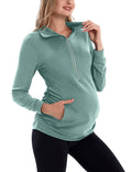 GINKANA Maternity Tops Comfortable Long Sleeve Lightweight Zip-up Shirts with Kanga Pocket,Sage Green,L