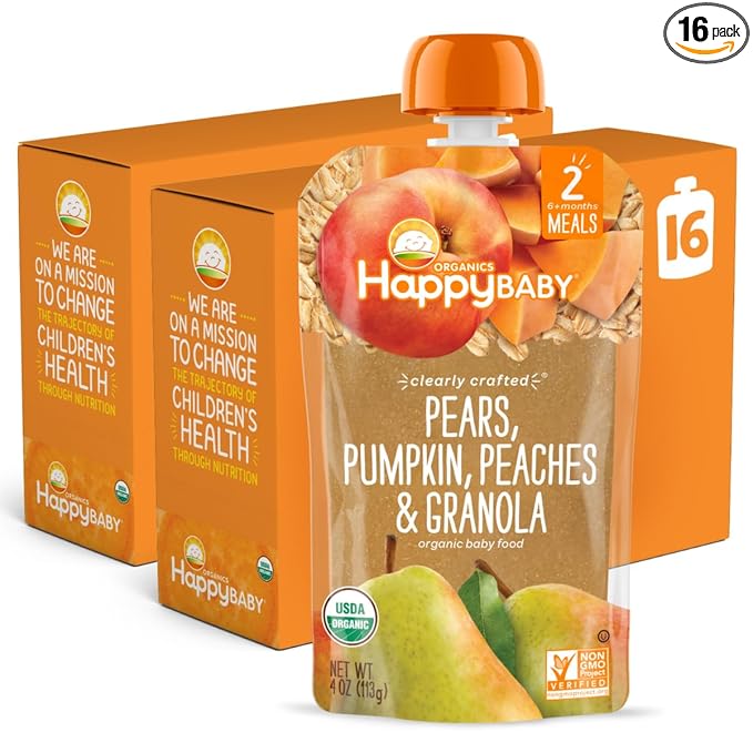 Happy Baby Organics Stage 2 Baby Food Pouches, Gluten Free, Vegan & Healthy Snack, Clearly Crafted Fruit & Veggie Puree, Pumpkin, Peaches & Granola, 4 Ounces (Pack of 16)