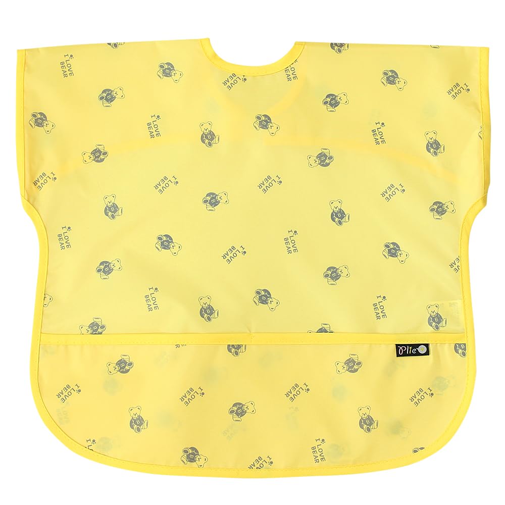 Plie Short Sleeve Waterproof Bib for Toddlers – Easy Clean Feeding Apron for Mealtime, Daycare, Self-Feeding & Messy Play, Lightweight BPA-Free Baby Bib (6–24 Months) - Yellow Bear