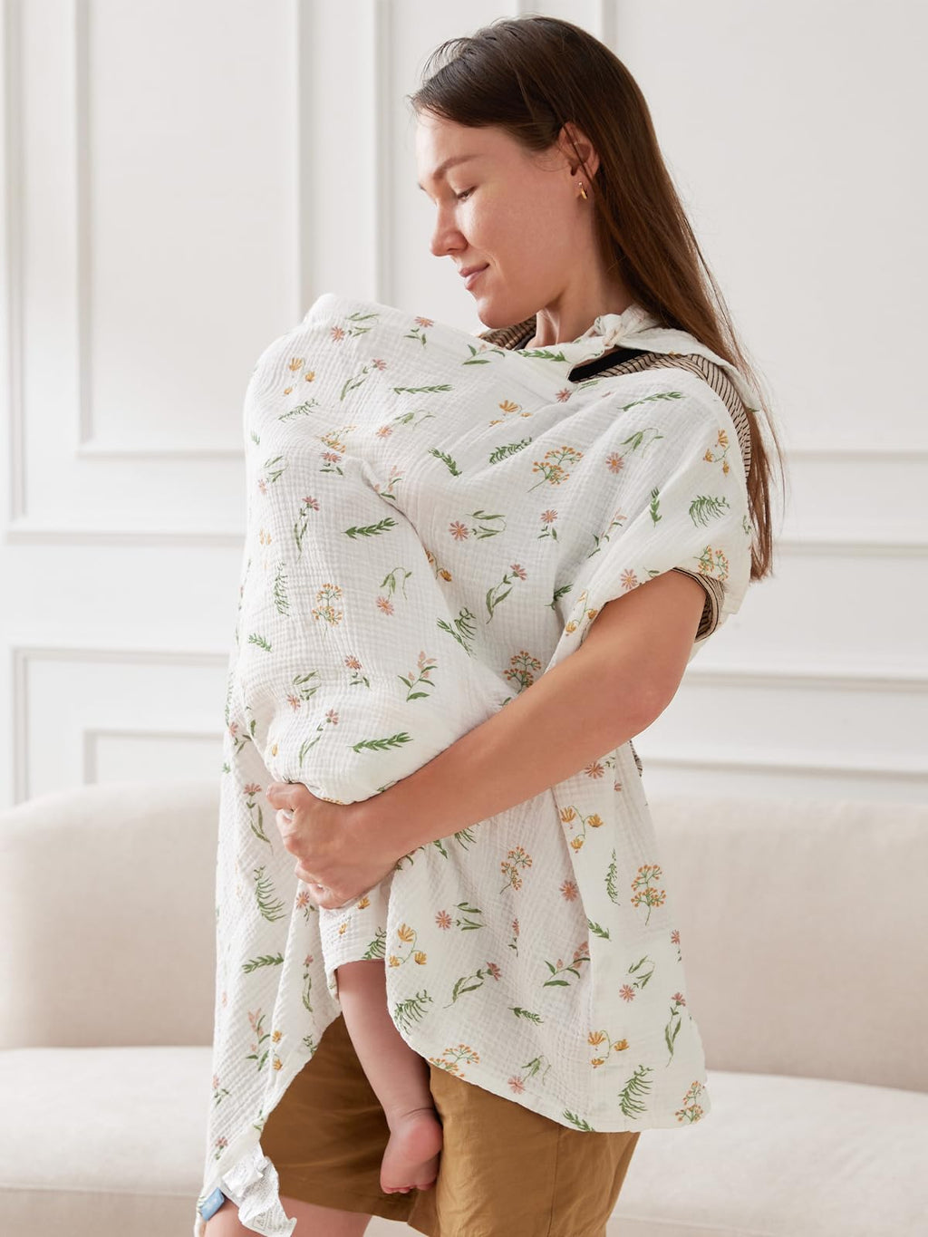 TILLYOU Muslin Nursing Cover for Baby Breastfeeding, 100% Cotton Breathable with Arch Neckline for Women, Daisy