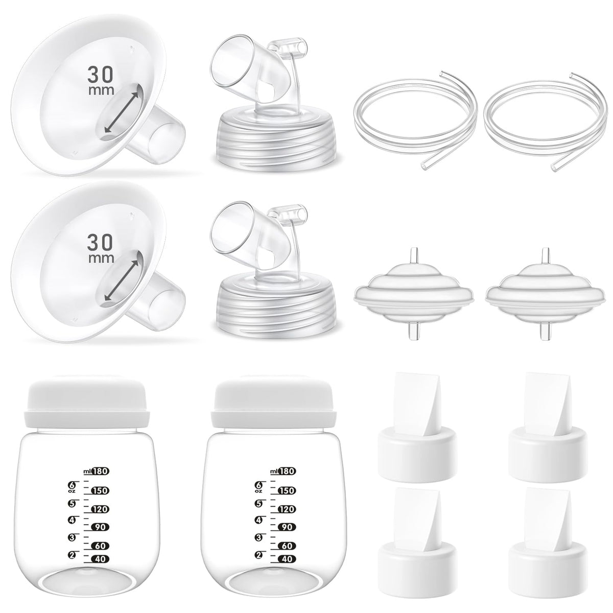 Full Breast Pump Parts with 30mm Oval Soft Rim Flanges and Wide-Mouth Base Connector for Spectra S2 S1 9 Plus SG, Medela, Lansinoh Pumps, Include Flange, Valve, Backflow Protector, Tubing and Bottle