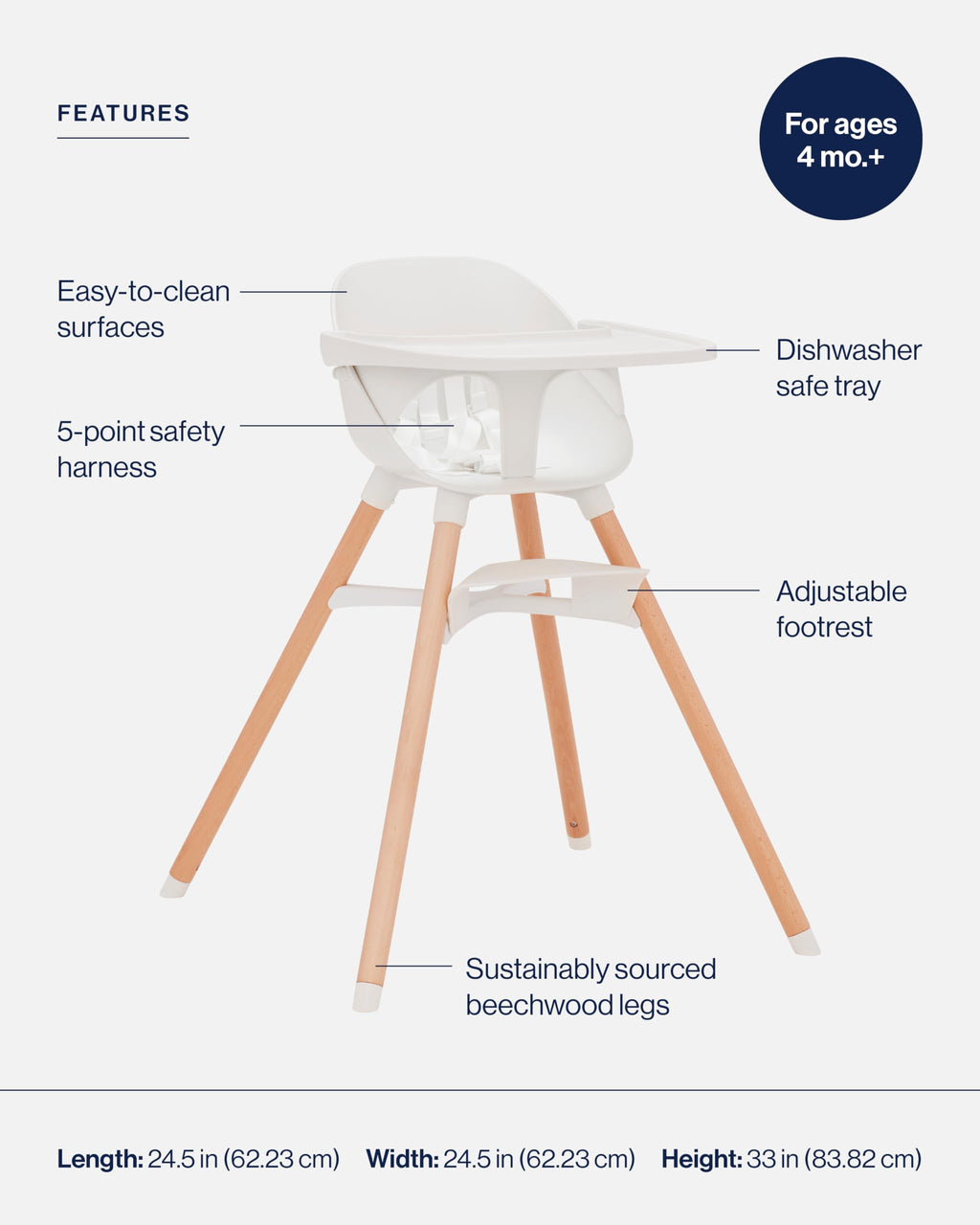 Lalo The High Chair Infant Kit - Convertible Wooden High Chair for Babies & Toddlers with Infant Support & Cushion, Grows with Your Child, Dishwasher Safe Tray, Adjustable Footrest Coconut