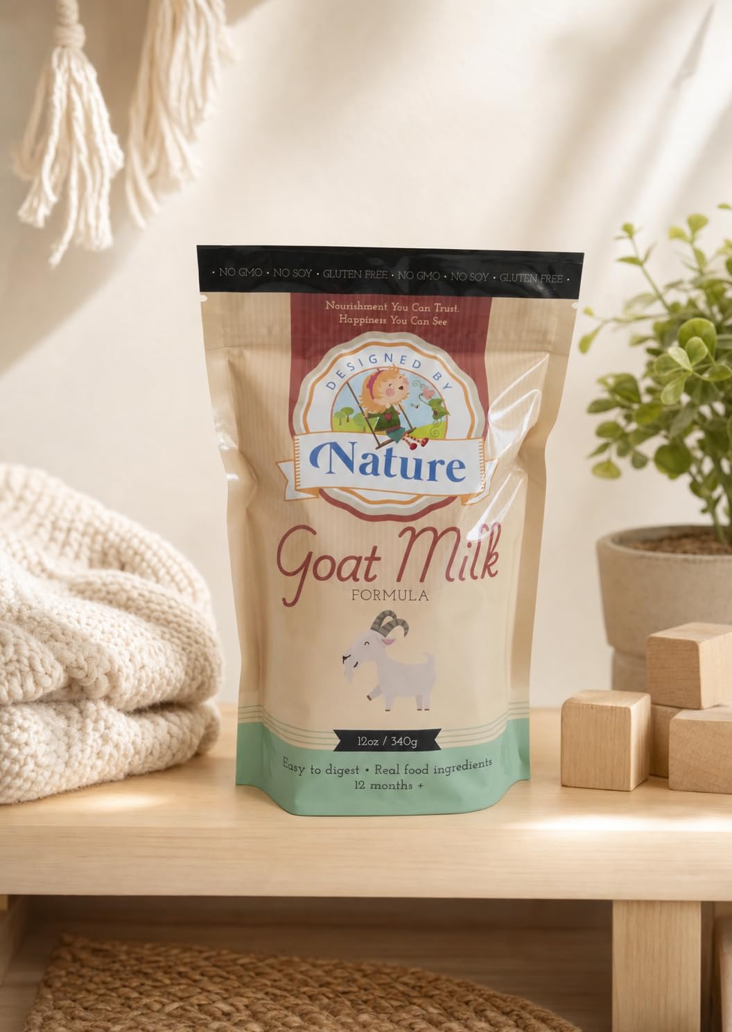 Designed by Nature- Whole Goat Milk Formula 12oz/340g, 12+ Months — Made in USA, Easy to Digest with Cod Liver Oil DHA, Hydrolyzed Collagen & Real Whole-Food Ingredients, Non-GMO, Soy & Gluten Free