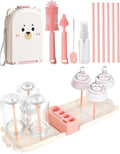Travel Bottle Cleaner kit, 7in1 Baby Travel Gear Essential Silicone Travel Bottle Brush Set Nipple Drying Rack, Straw Breast Pump Cleaning Soap Dispenser Organizer Case Mon Gift (Pink)