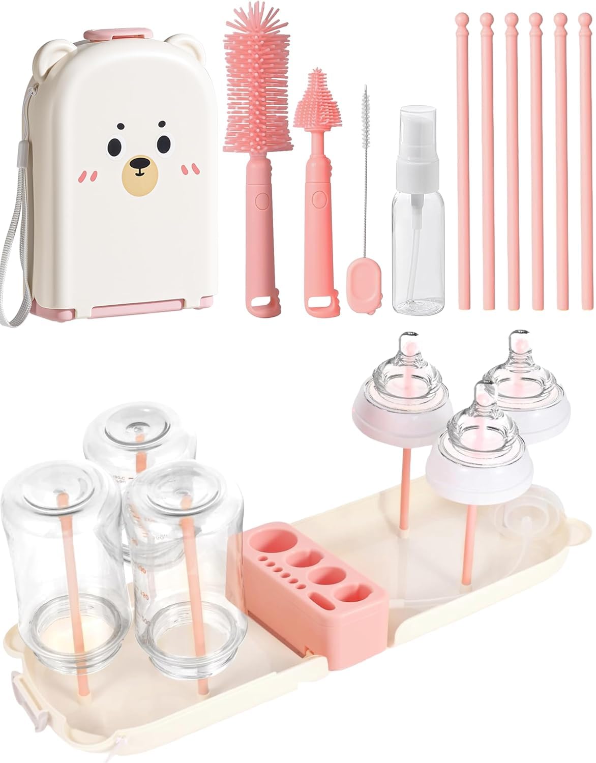 Travel Bottle Cleaner kit, 7in1 Baby Travel Gear Essential Silicone Travel Bottle Brush Set Nipple Drying Rack, Straw Breast Pump Cleaning Soap Dispenser Organizer Case Mon Gift (Pink)