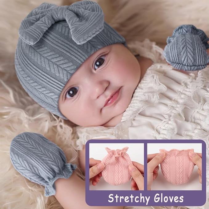 BQUBO Newborn Baby Hats Mittens Set Hospital Hat Beanie Infant Bow Hats Baby Gloves No Scratch Mittens for 0-6 Months