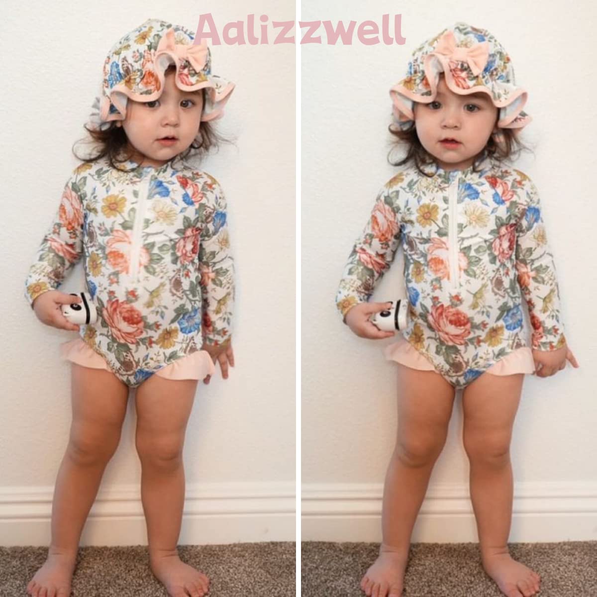 Infant Baby Girls One Piece Long Sleeve Swimsuit Floral Bathing Suit Zip Up Swimwear Beach Wear 6-12 Months Pink