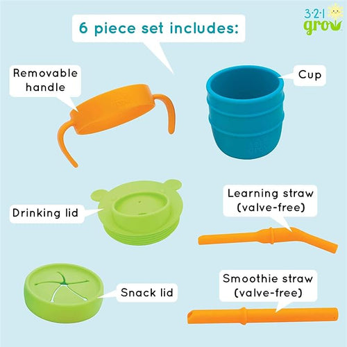 321 Grow Easy Learn Drink and Snack Set – Baby + Toddler Silicone Learning Cup & Snack Set, Training Cup for Straw and Open Cup Independence – Dishwasher Safe (Ocean)