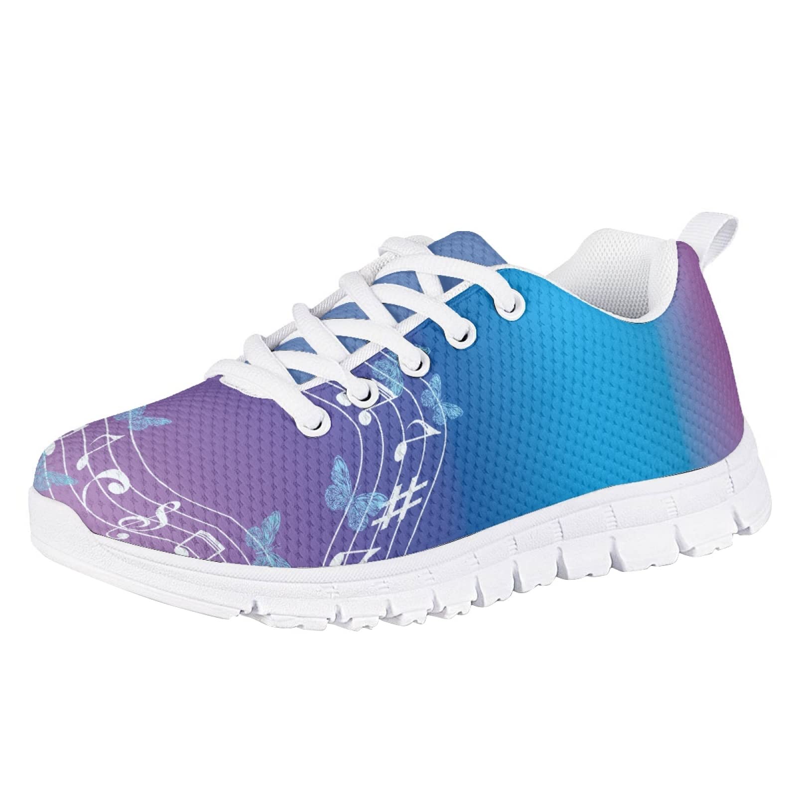MARSVOVO First Shoes for Walking Boy Girl Lightweight Flexible Breathable Athletic Slip On Sneakers Resistant Comfortable Toddler Girl Sneakers Notes Butterfly Blue Purple Design Size 2 US