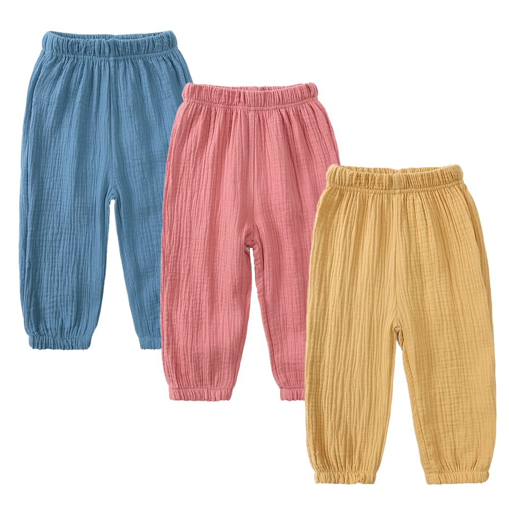 MYGBCPJS Baby Boys Girls 3 Pack Cotton Linen Long Bloomers Ankle Length Trousers Kids Lightweight Elastic Waist Harem Pants