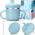 BUSOHA Stainless Steel Sippy Cups - 3 IN 1 Silicone Sippy Cup for Toddlers Baby Straw Cup with Brush Kids Cups with Lid and Silicon Straw Anti-Drop Spill Proof Cups for Travel,8 oz, Blue
