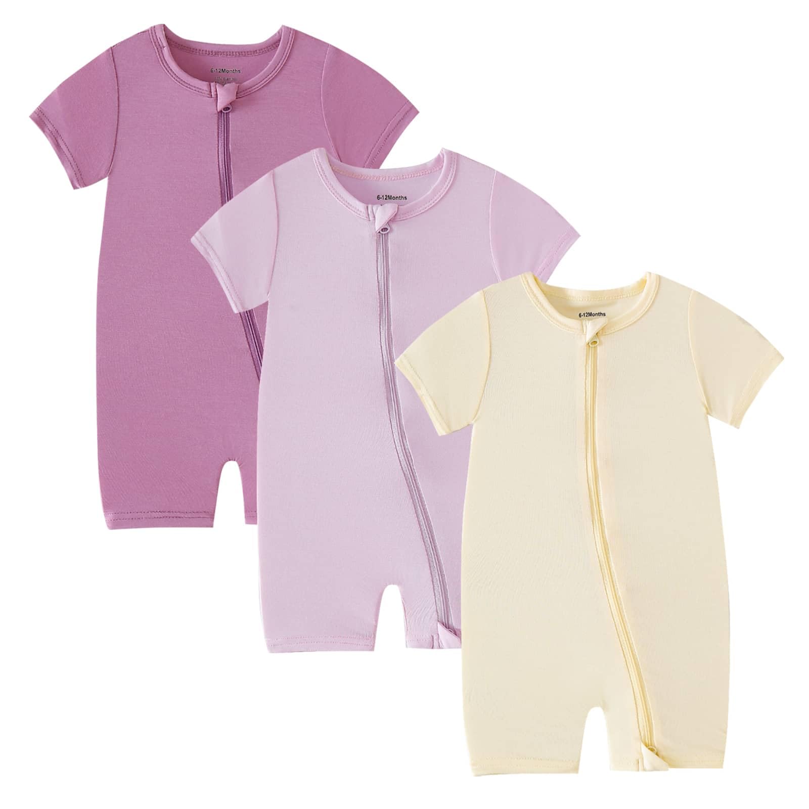 OPAWO Baby Boy Pajamas 3 Pack, 2 Way Zipper Sleepers Baby Boy Girl Romper, Toddler Summer Clothes Outfits 0-24M(Purple,Mauve,Beige,3-6 Months)