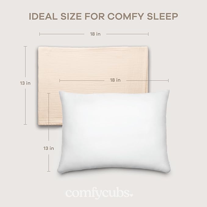 Comfy Cubs Toddler Pillow with Muslin Pillowcase, 13 x 18 in, 2 Pack - Travel and Sleep Support for Kids - Lightweight, Breathable Microfiber Fill - Soft and Cozy Small Pillow for Toddlers - Cream