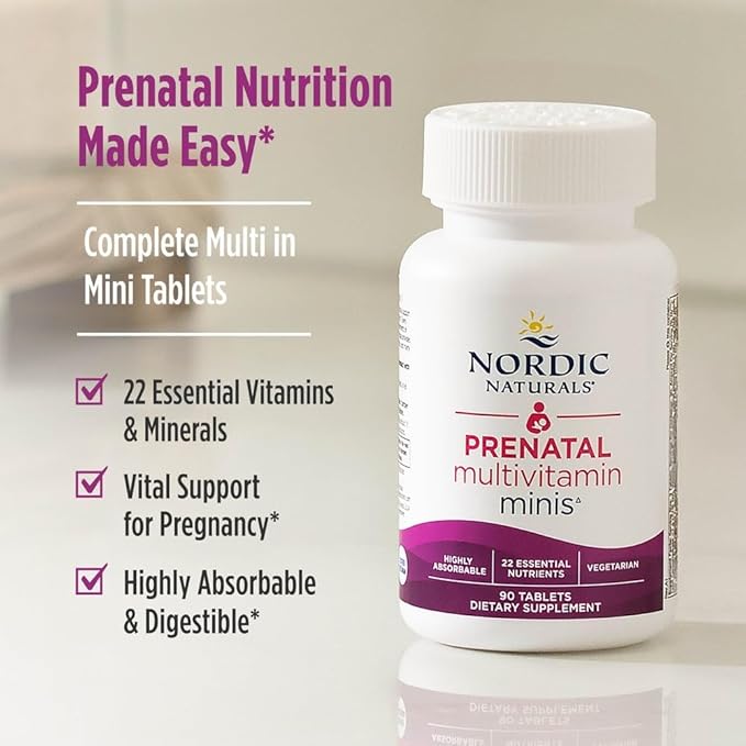 Nordic Naturals Vegetarian Prenatal Multivitamin Minis - 90 Easy to Swallow Tablets - Highly Absorbable Multivitamin and Mineral Supplement to Support Pregnancy - Non-GMO, 30 Servings