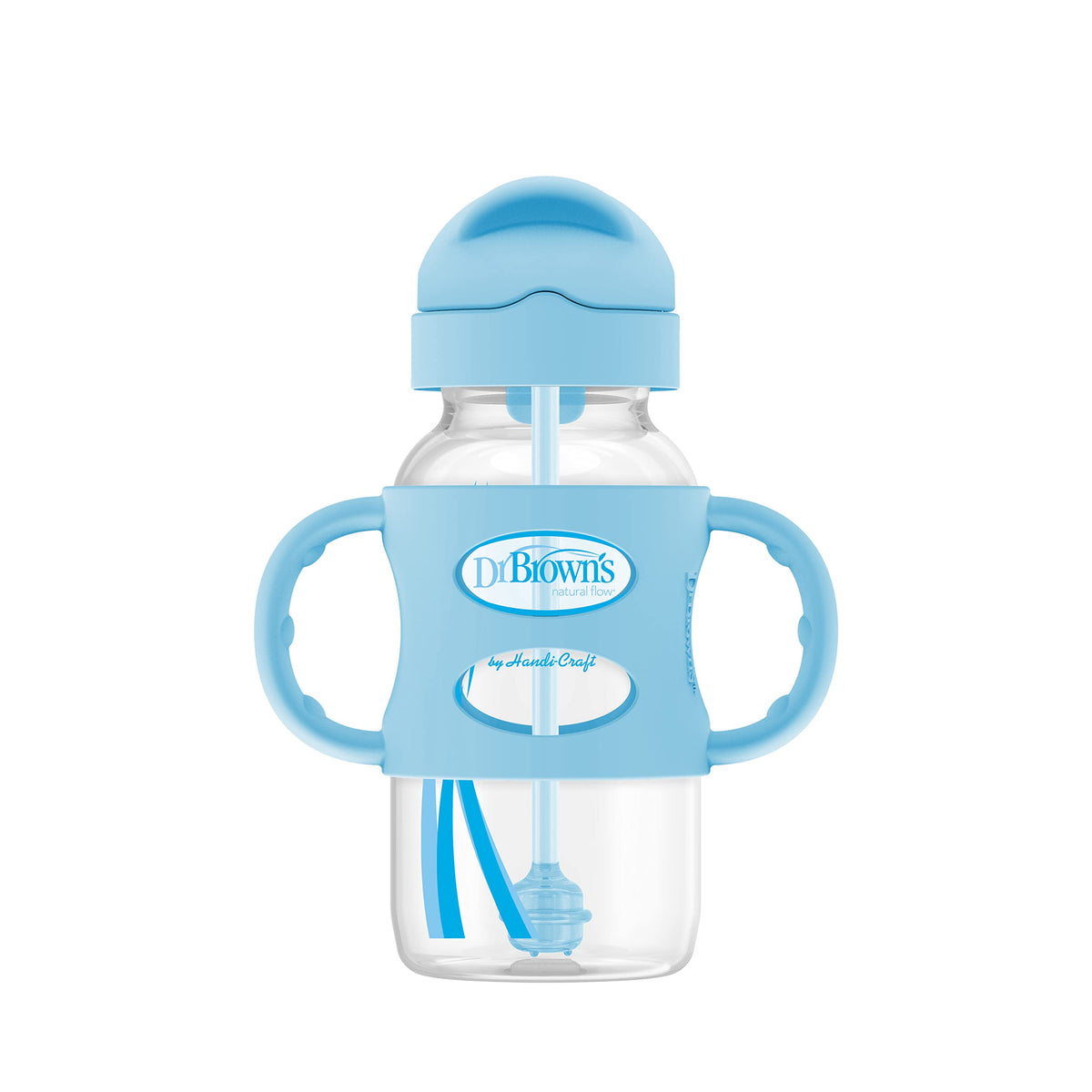 Dr. Brown's Wide-Neck Sippy Straw Bottle with Handles, Gray & Blue, 2-Pack