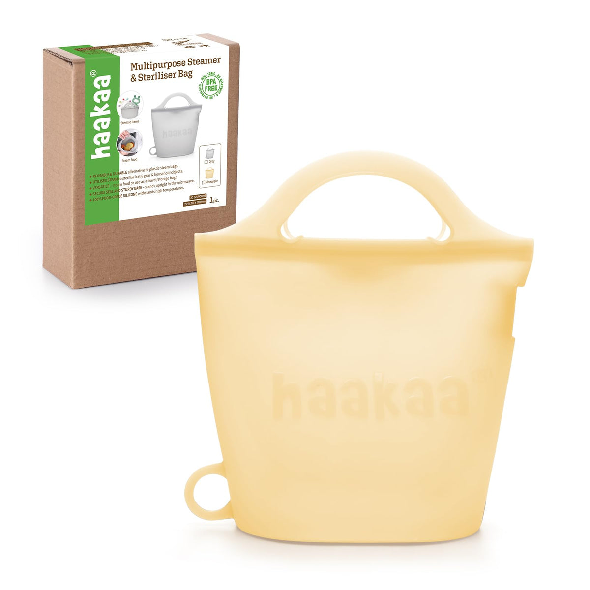Haakaa Silicone Travel Microwave Steamer & Steriliser Bag, 30oz/900ml Reusable Silicone Steaming Bags for Baby Small Items, Pacifiers, Teethers or Baby Cups, Great for Home and On-The-Go, Grey/1PC