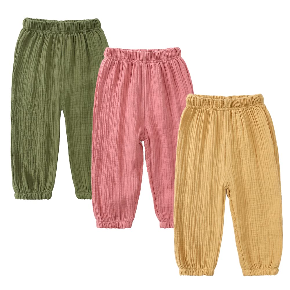MYGBCPJS Baby Boys Girls 3 Pack Cotton Linen Long Bloomers Ankle Length Trousers Kids Lightweight Elastic Waist Harem Pants