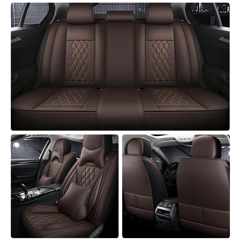 ijesign Leather Car Seat Covers for Volkswagen Atlas 2019-2023 Waterproof,Breathable and Non-Slip Napa Leather Car Interior Seat Covers,Comfortable and Durable,Easy to Install(5PCS,Luxury,Coffee)