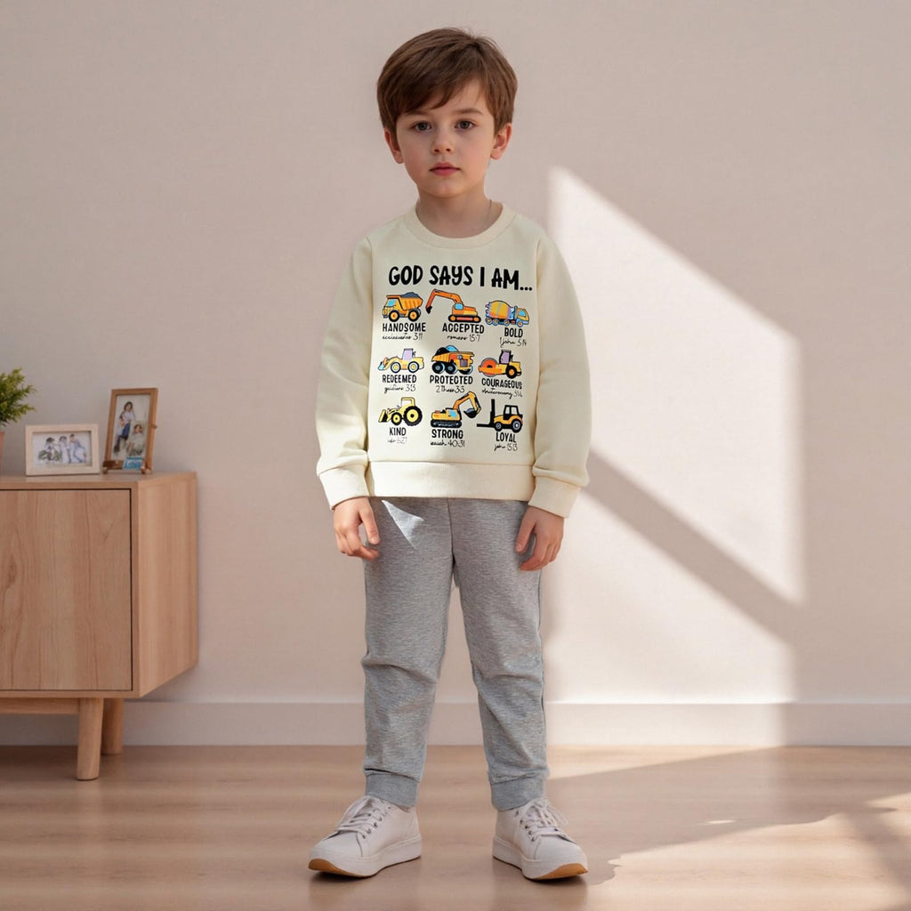 Nyapruwe Toddler Baby Boys Fall Winter Outfits Funny Print Top Pants Set (Beige tool cars, 12-18 Months)