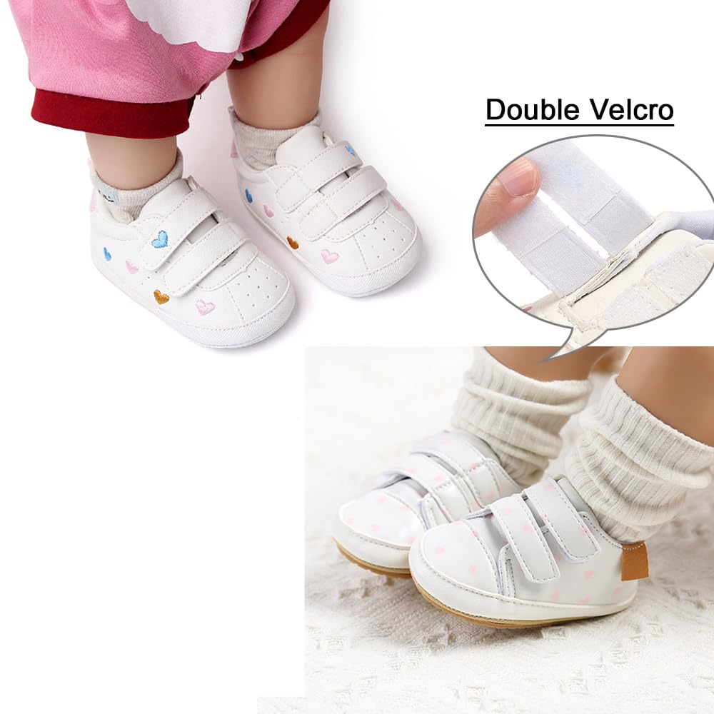 Clowora Baby Boys Girls Shoes Non-Slip Rubber Sole Sneakers Infant First Walking Toddler Crib Shoes Newborn Loafers Flats. (11/2 Pairs_Multi Color+White Heart,0-6 Months)