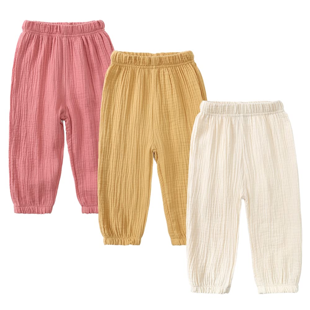 MYGBCPJS Baby Boys Girls 3 Pack Cotton Linen Long Bloomers Ankle Length Trousers Kids Lightweight Elastic Waist Harem Pants