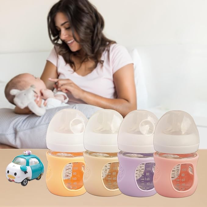 4 Pack Silicone Sleeves for Avent Natural Glass Baby Bottles, Anti Breakage Bottle Holder, Compatible with Philips Avent Glass Natural Baby Bottles (4 Pink, 4 OZ)