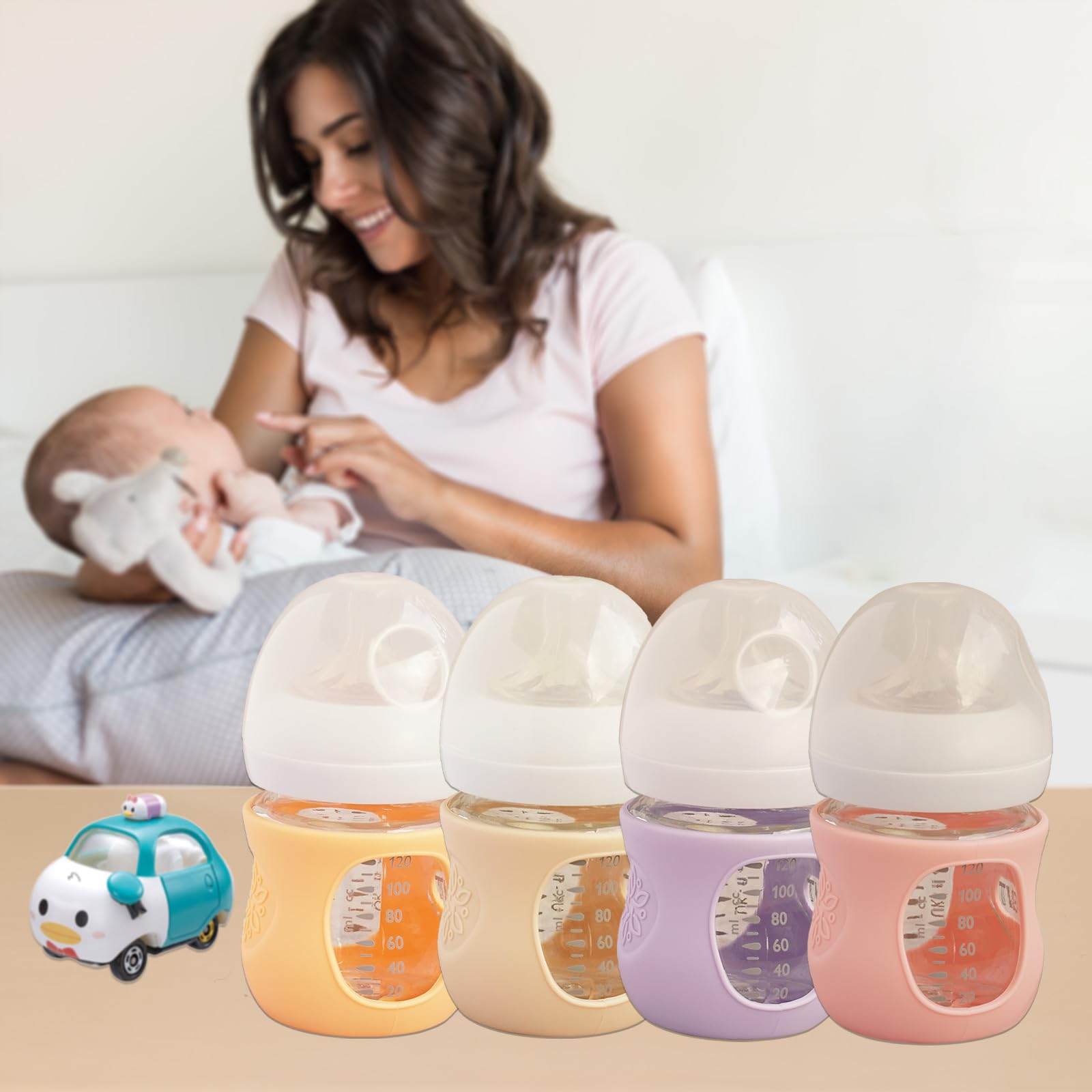 4 Pack Silicone Sleeves for Avent Natural Glass Baby Bottles, Anti Breakage Bottle Holder, Compatible with Philips Avent Glass Natural Baby Bottles (Apricot+Pink+Purple+Orange, 4 OZ)