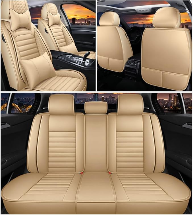 Leather Car Seat Covers for Toyota Corolla 2006-2024,Car Seat Covers Full Set,Seat Covers with Safety,Waterproof Seat Cover Compatible Airbag(5pcs Beige Luxury)