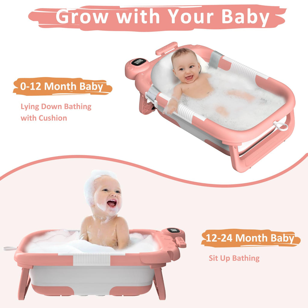 Collapsible Baby Bathtub for Newborn to Toddler (0-24 Months), Portable Baby Bath Tub for Travel, Newborn Bathtub with Soft and Supportive Cushion (Astronaut-Pink)