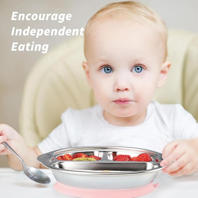 MR. CHOU Stainless Steel Divided Toddler Plate, Suction Baby Plates for Baby & Toddler, Dishwasher Safe, Pink