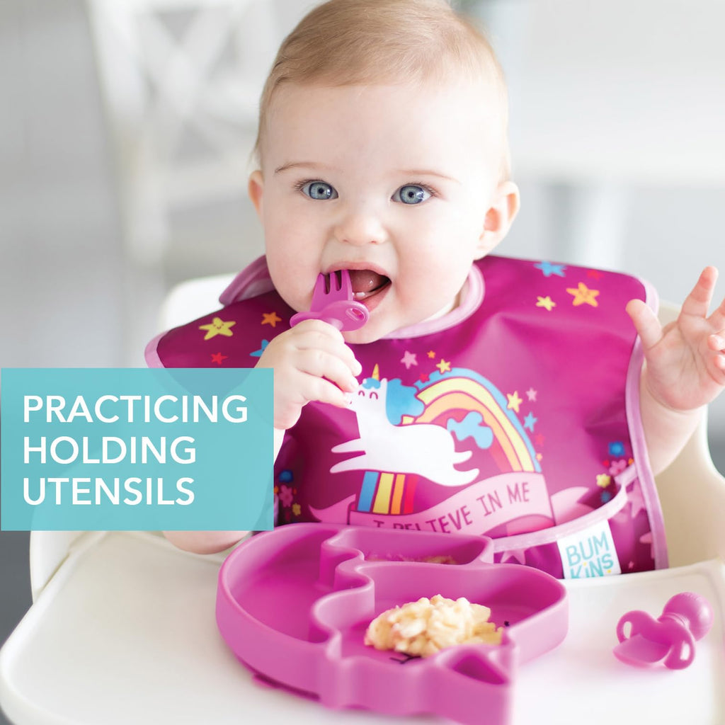 Bumkins Baby Utensils Set, Chewtensils Silicone Spoons for Dipping, Self-Feeding, Baby Led Weaning, Trainer Learning, First Stage Eating, Soft Practice Fork and Spoon, Babies 6 Months, Fuchsia