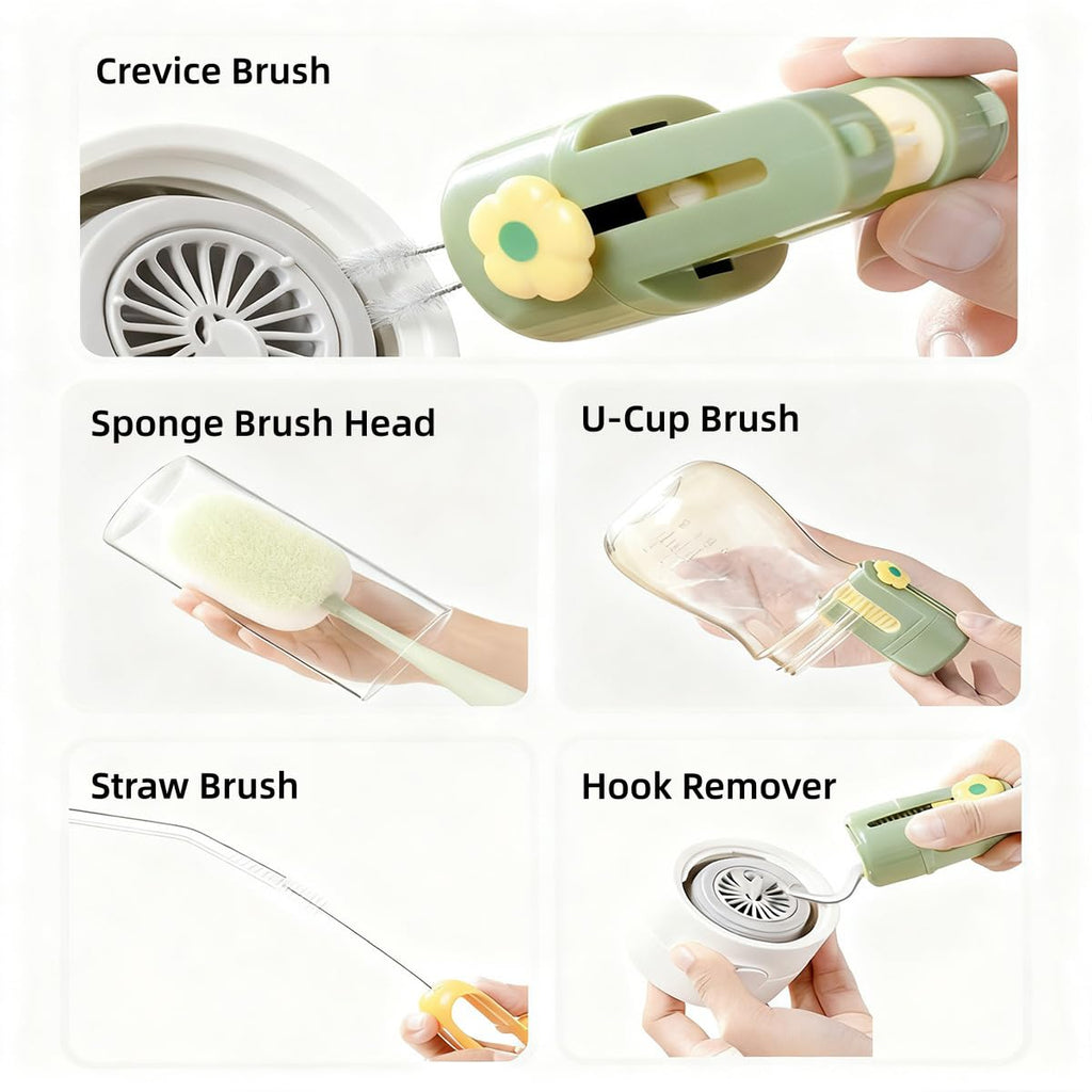 5 in 1 Bottle Cleaning Brush Set, Multifunctional Bottle Cleaning Brush Set, Water Bottle Cleaner Brush, Straw Cleaner Brush for Baby Bottles, 3 Replacement Sponge Brush Heads (White)