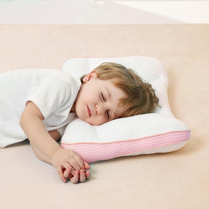 Reidio 1Pc Toddler Pillows with Removable Cotton Pillowcase Ergonomic Design Toddler Pillows for Sleeping Toddler Neck Pillow Kids Pillows Machine Washable 14x20in (Rose)