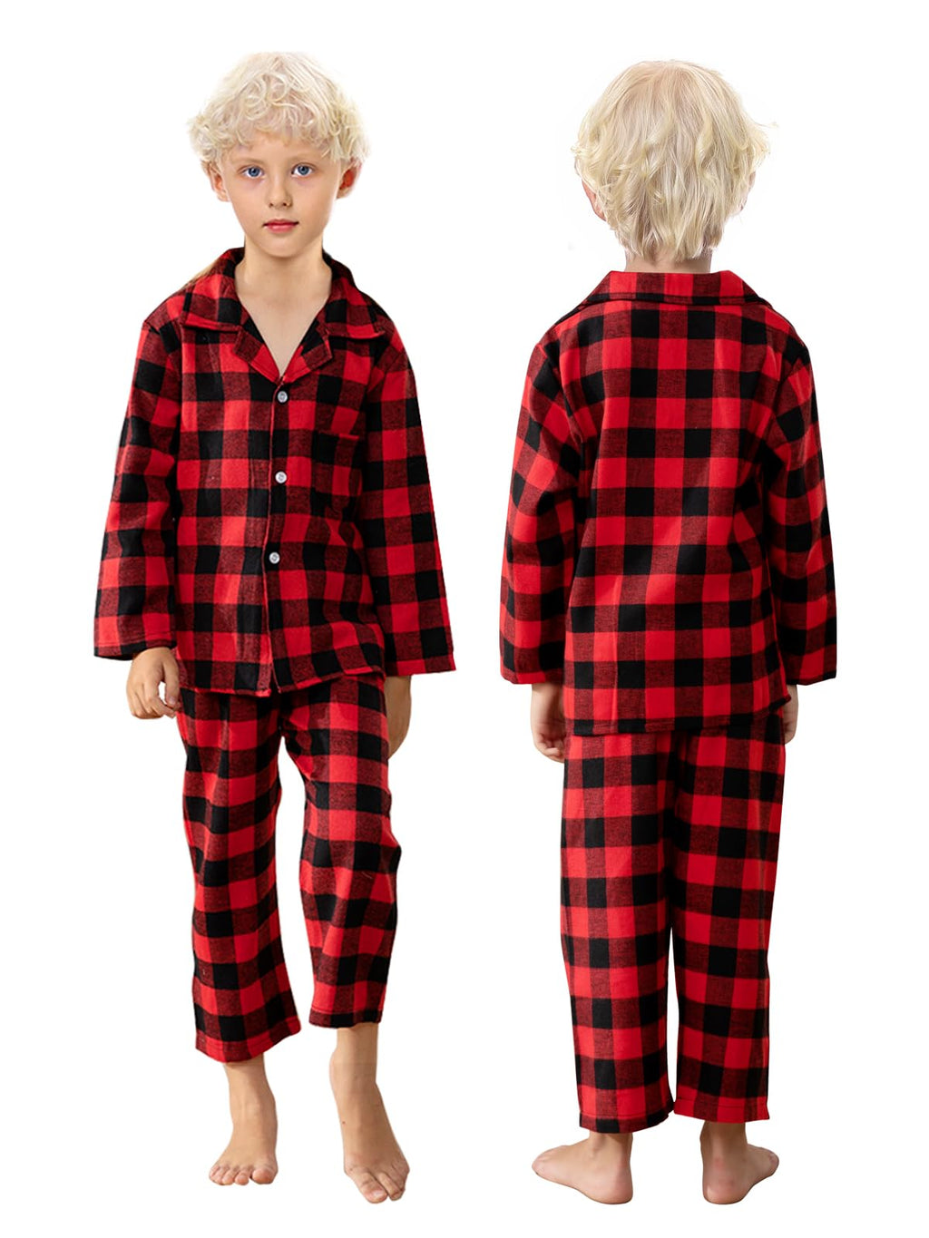 Schbbbta Kids Christmas Pajamas Set Boys Girls 2 Piece Button Down Sleepwear Pjs, Black Red, 9-10 Years=Tag 150