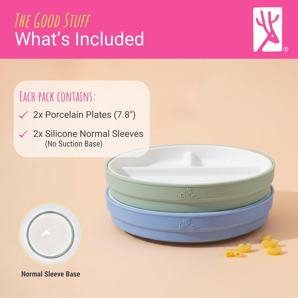 Elk and Friends Kids 7.8” Porcelain White Plates with Silicone Sleeves | Divided Plates | Suitable for Kids/Toddlers | Microwave & Dishwasher Safe | Non Slip | Snack Dishes…
