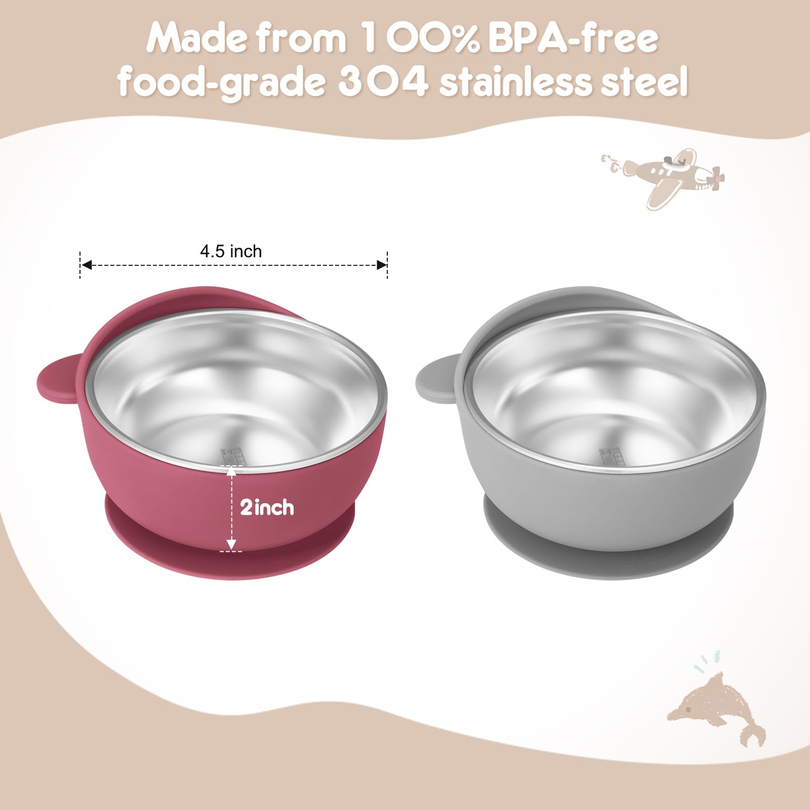 Wesketch 4 Pack Stainless Steel Baby Bowls with Suction, Toddler Bowls with Removable Silicone Shell for Kids, Non-Slip Toddler Baby Feeding Set Dishwasher Safe-blue/Gray/Red/Cream