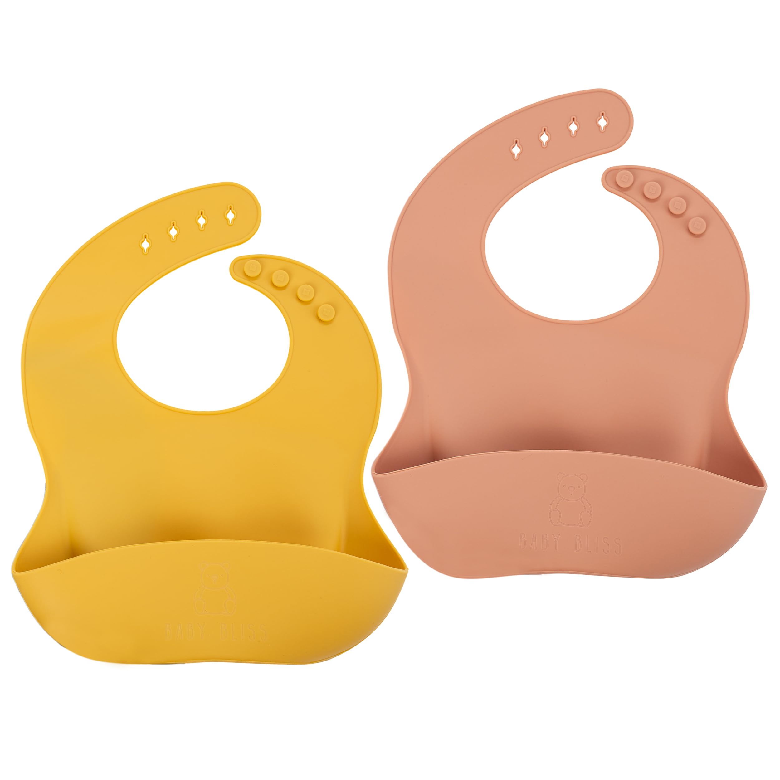 Baby Bliss Silicone Baby Bibs (2-Pack) – Waterproof Soft Silicone Feeding Bibs with Food Catcher for Babies & Toddlers, Adjustable Neck, BPA-Free, Unisex for Boys & Girls