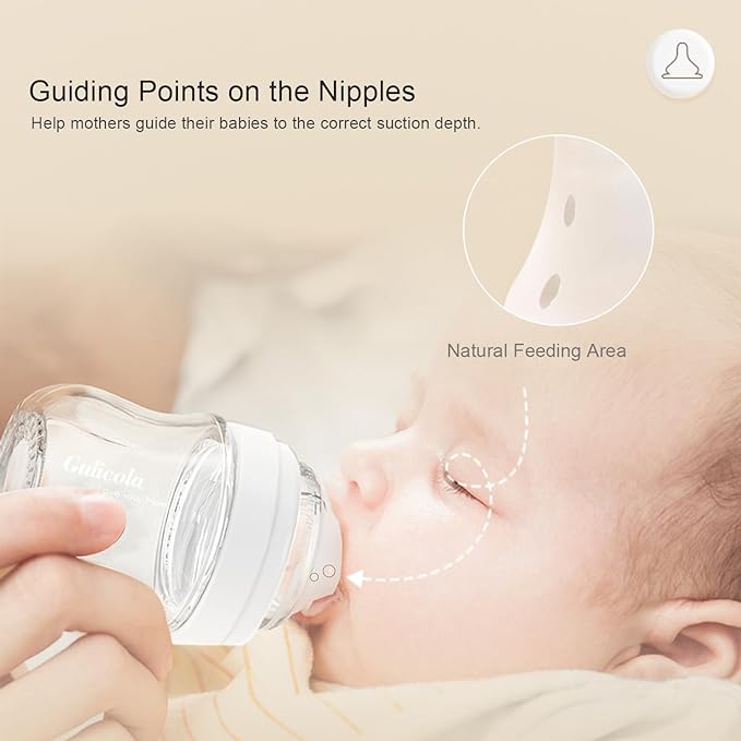 Gulicola Natural Glass Baby Bottle for Breastfeeding Babies, Newborn Anti-Colic Bottle Set with Slow Flow Nipple, 0-3 Months, 5 oz, 2 Pack - Pink