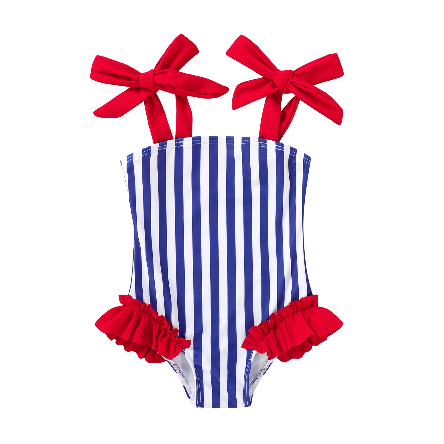 Happy Town Toddler Swimsuit Girl Solid Color Stripe One-Piece Baby Bathing Suits (Blues and Reds, 12-18 Months)