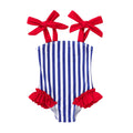 Happy Town Toddler Swimsuit Girl Solid Color Stripe One-Piece Baby Bathing Suits (Blues and Reds, 9-12 Months)