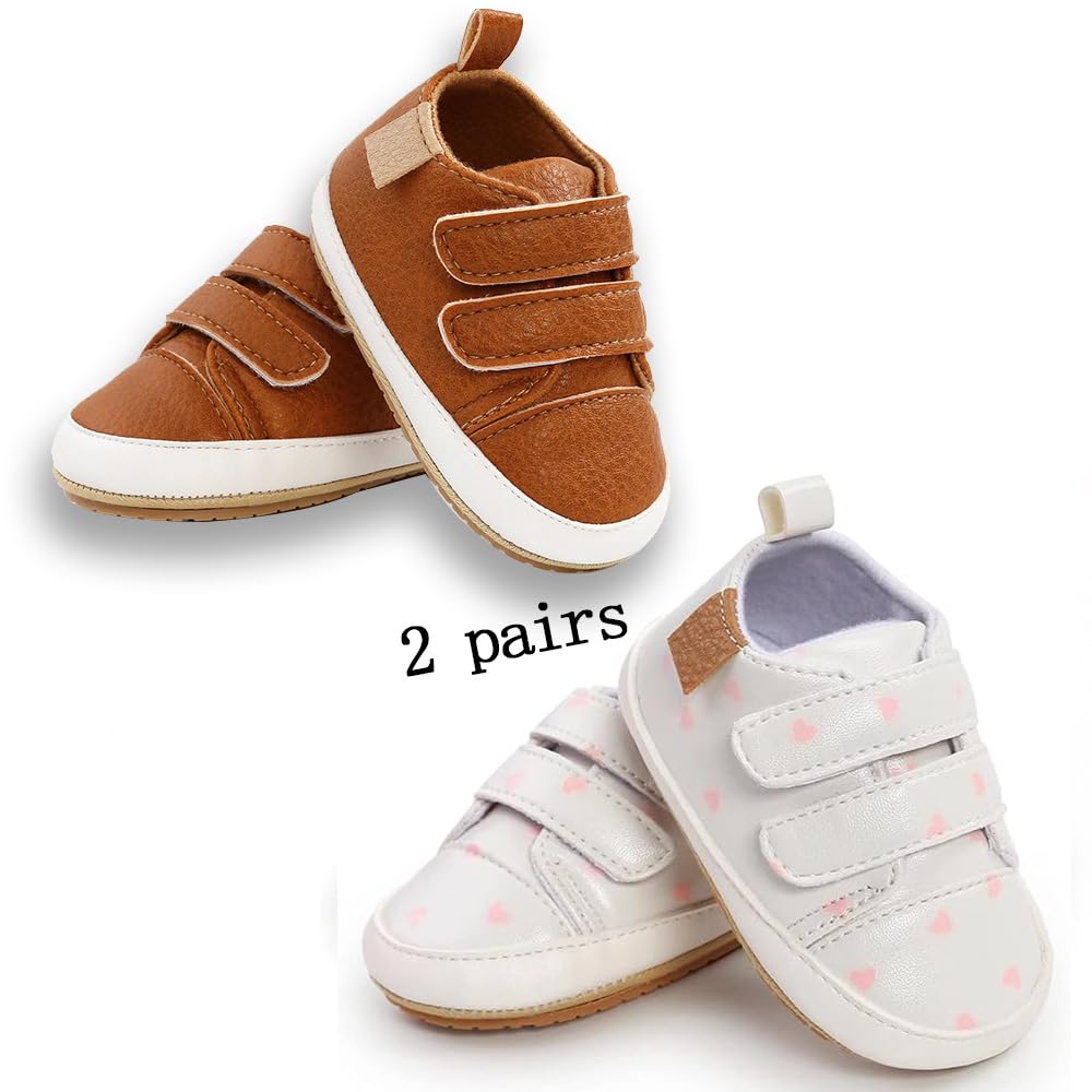 eitwo 2Pairs Baby Shoes,Boys Girls Non-Slip Rubber Sole Sneakers,Unisex Infant Soft First Walking Shoes(2Pairs_Brown+WhiteHeart,6-12 Months)
