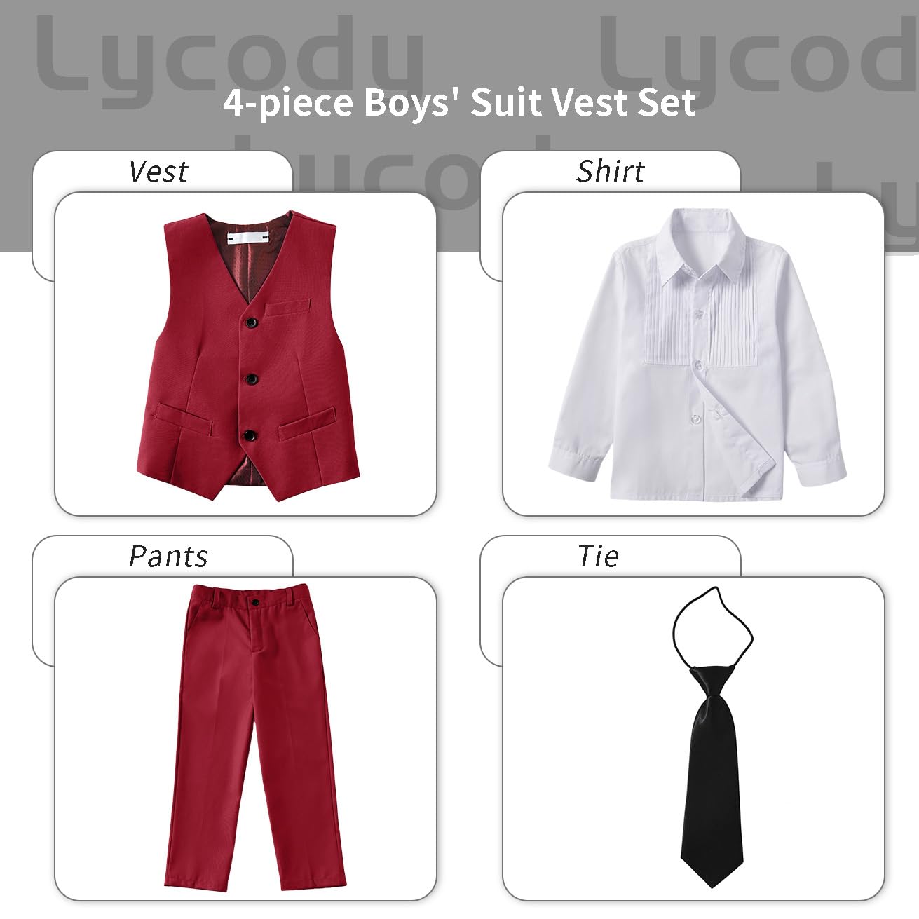 Lycody Boys Suit Vest Set Formal Dress Suits Wedding Outfit, Burgundy, 3T