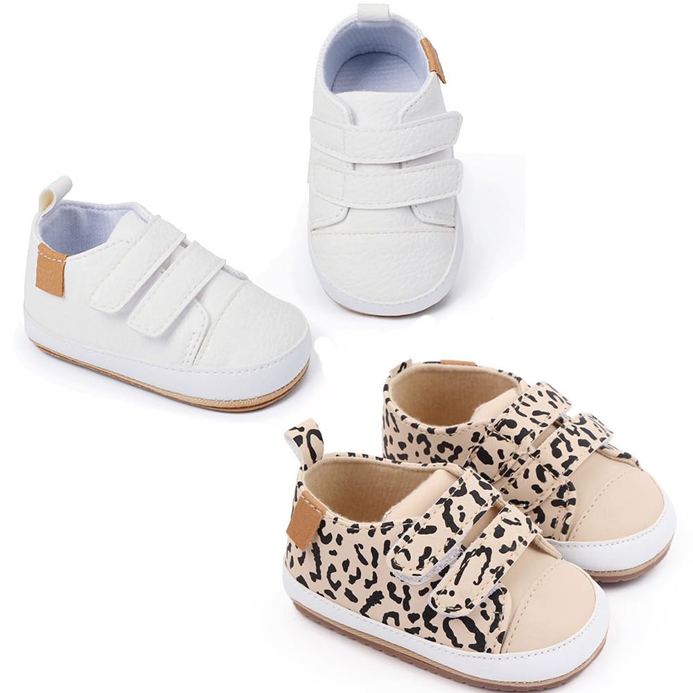 eitwo 2Pairs Baby Shoes,Boys Girls Non-Slip Rubber Sole Sneakers,Unisex Infant Soft Lightweight First Walking Crib Shoes (2Pairs_White+Leopard,3-6 Months)