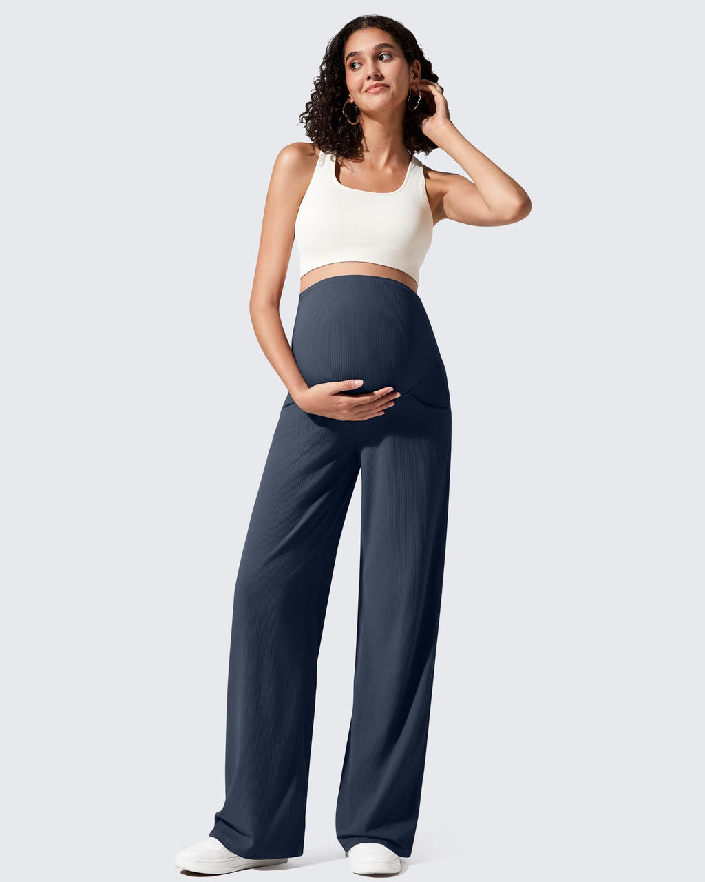 G4Free Maternity Wide Leg Pants Over The Belly Stretchy Lounge Comfy Pregnancy Casual Trousers with Pockets(Dark Navy,S,Regular)