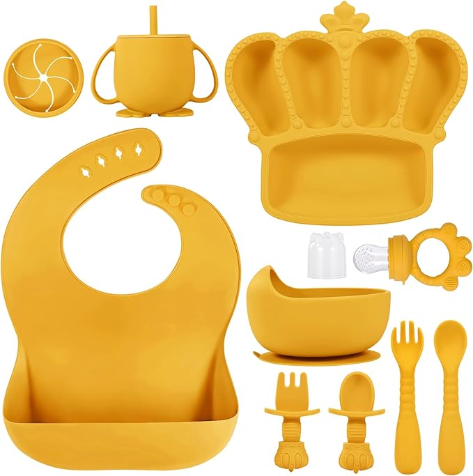Silicone Baby Feeding Set 10 Pcs Baby Led Weaning Supplies Suction Bowl Divided Plate Baby Bibs Fruit feeder Pacifier Baby Spoons Forks Sippy Cup Utensil Sets Baby Essentials for Newborn Gift Yellow