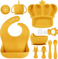 Silicone Baby Feeding Set 10 Pcs Baby Led Weaning Supplies Suction Bowl Divided Plate Baby Bibs Fruit feeder Pacifier Baby Spoons Forks Sippy Cup Utensil Sets Baby Essentials for Newborn Gift Yellow
