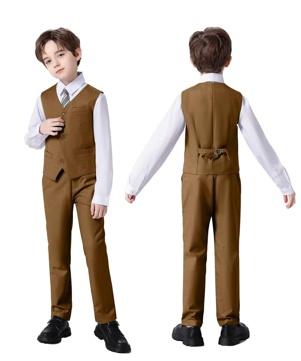 Boys Suit 6 Piece Formal Tuexdo Suit Set Boy Dress Outfit Dark Khaki 3